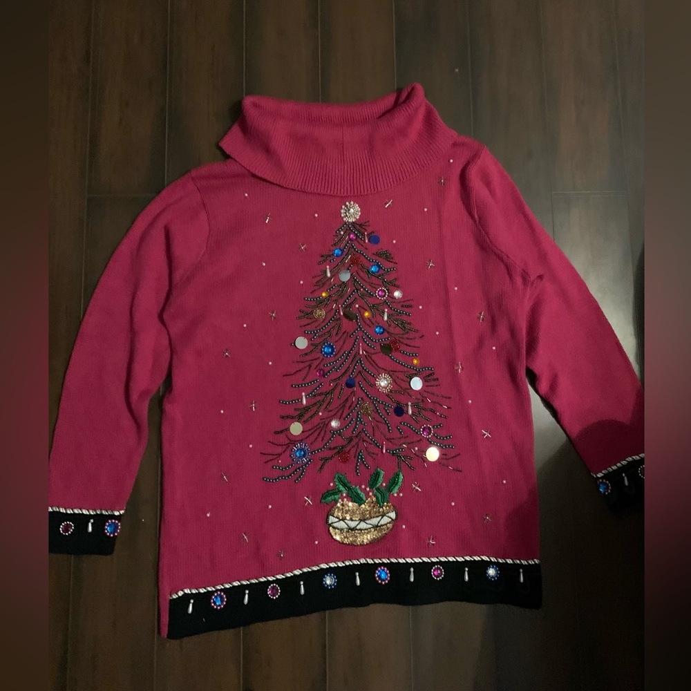 Festive Vintage 1990’s Pink Turtleneck Sweater with Christmas Tree Design